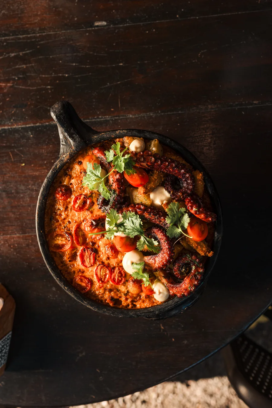 Polvo na panela de ferro com tomate e coentro